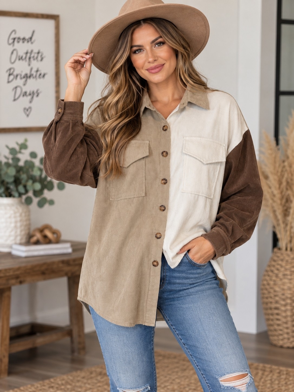 A195. Fashion Nova Colorblock Corduroy Shacket Beige & Brown Large NWT